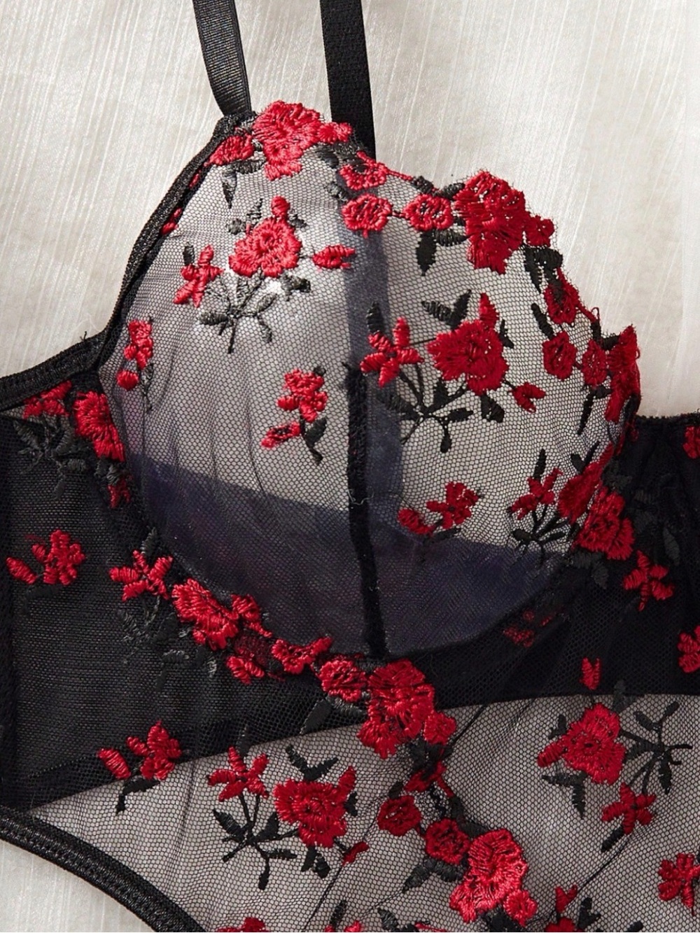 Black Red Rose Embroidery Lace Bodysuit Lingerie Sheer Mesh Teddy